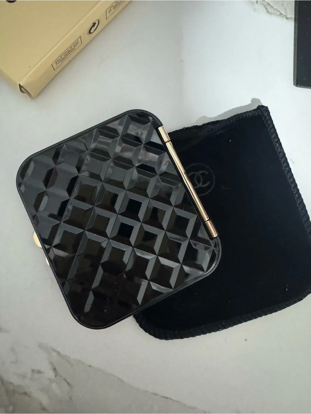 CHANEL Black & Gold Compact Double Mirror with Quilted Lid